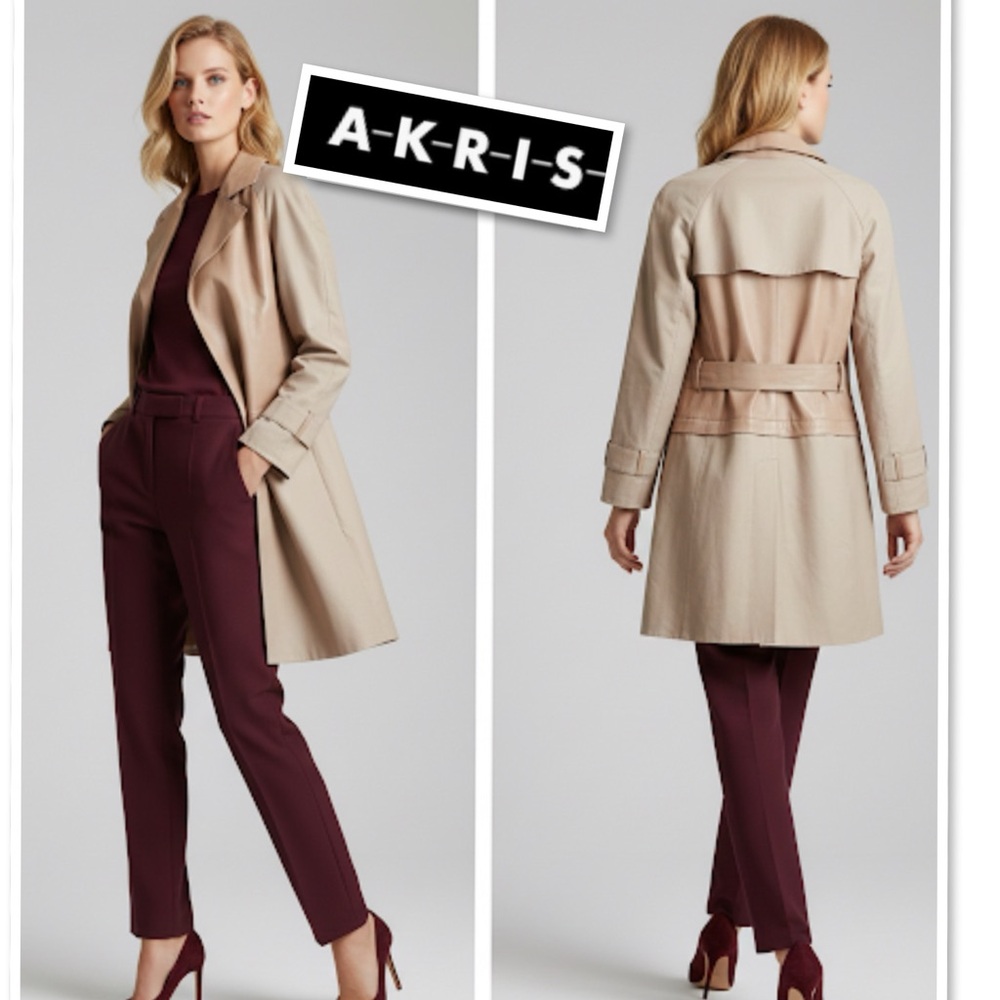 AKRIS Convertible 2in1 Lamb Leather & Cotton Trench-coat Jacket Desert Beige Sz6 - Picture 2 of 16